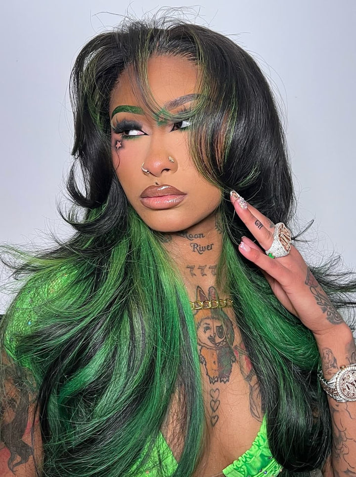 Dorsanee Black With Emerald Green Highlights Face-Framing  Luxury Layered Blowout 13x4 Lace Front Human Hair Wigs