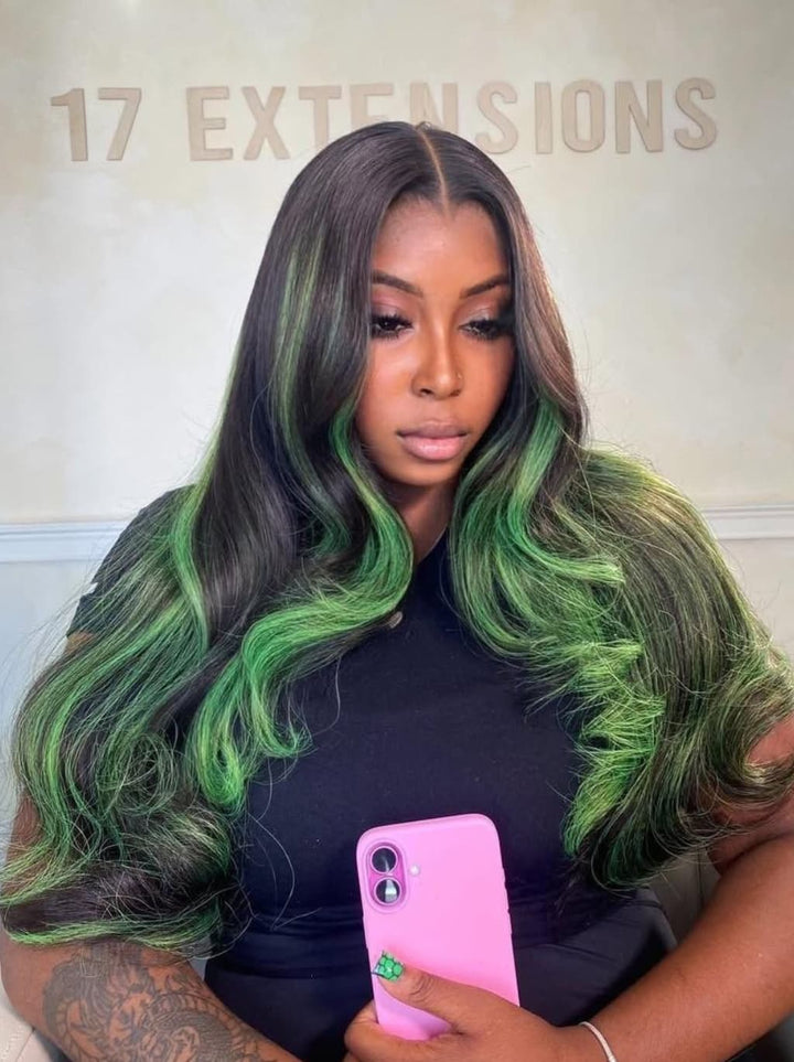 Dorsanee Black With Green Highlight Streaks 13x4 Lace Front Human Hair Wig 200 Density