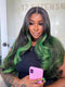 Dorsanee Black With Green Highlight Streaks 13x4 Lace Front Human Hair Wig 200 Density