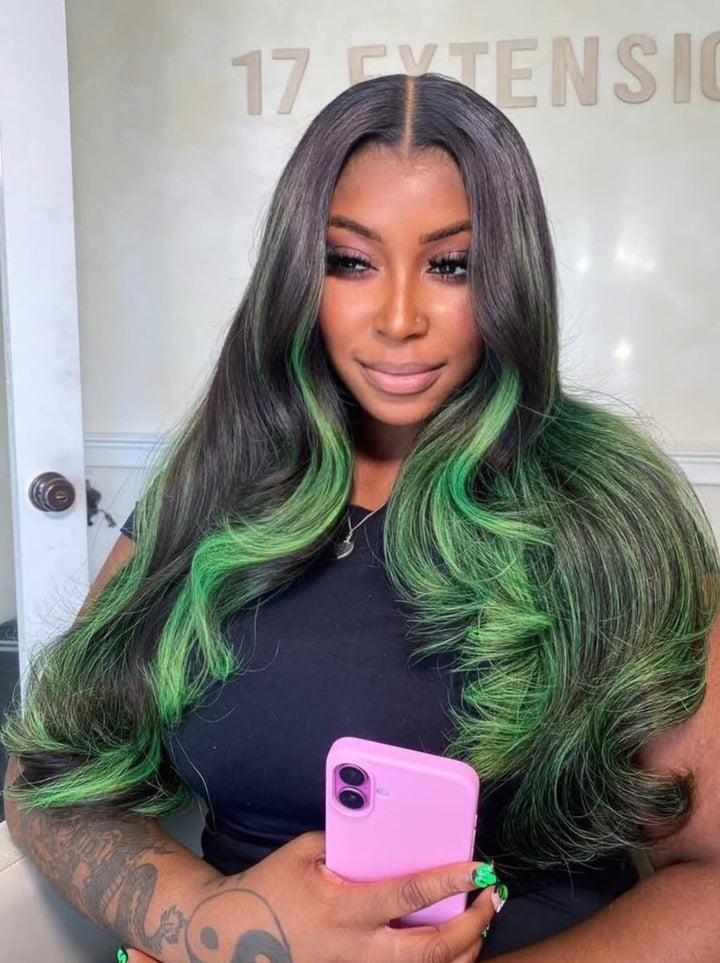 Dorsanee Black With Green Highlight Streaks 13x4 Lace Front Human Hair Wig 200 Density