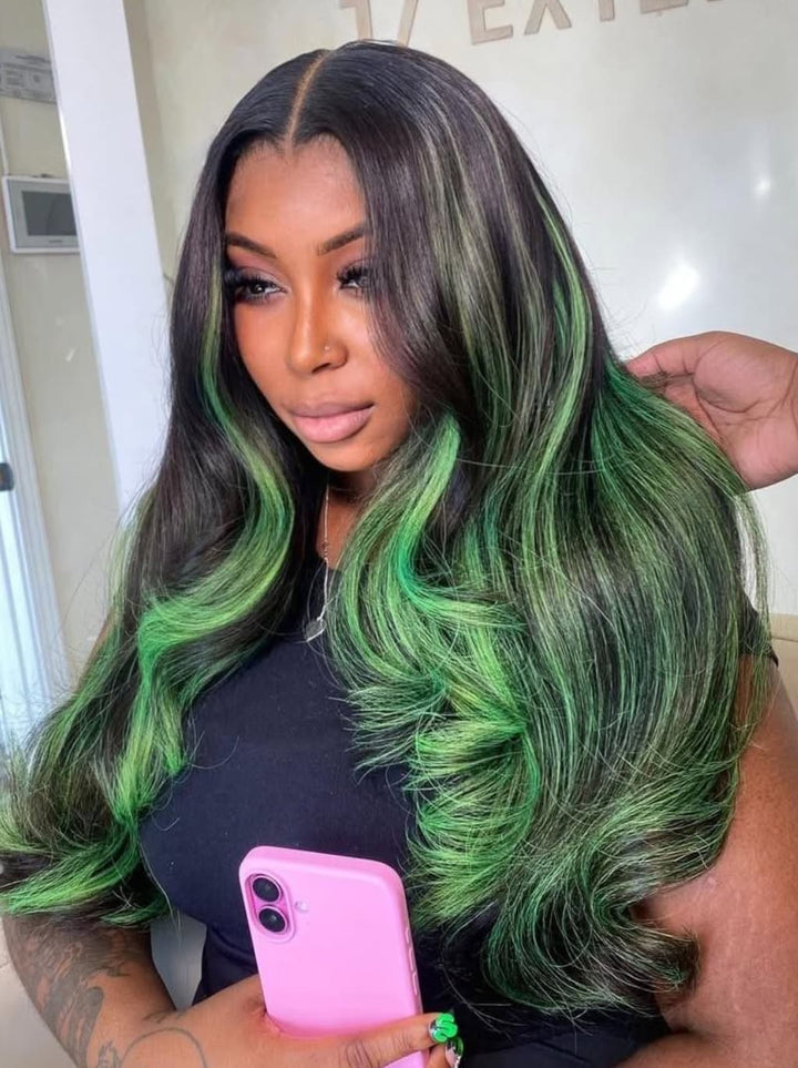 Dorsanee Black With Green Highlight Streaks 13x4 Lace Front Human Hair Wig 200 Density