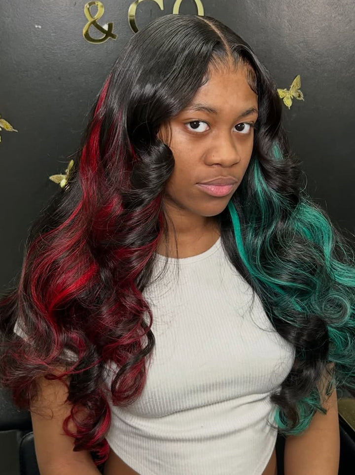 Dorsanee Black With Half Red Half Pastel Green Highlights 13x4 Lace Front Remy Human Hair Wigs