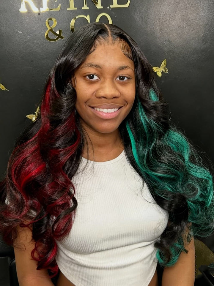 Dorsanee Black With Half Red Half Pastel Green Highlights 13x4 Lace Front Remy Human Hair Wigs