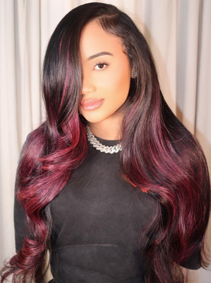 Dorsanee Black With Hot Pink Highlights 13x4 Lace Front Virgin Human Hair Wigs