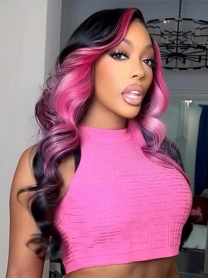 Dorsanee Black With Hot Rose Pink Skunk Stripe Streaks 13x4 Lace Front Virgin Human Hair Wig