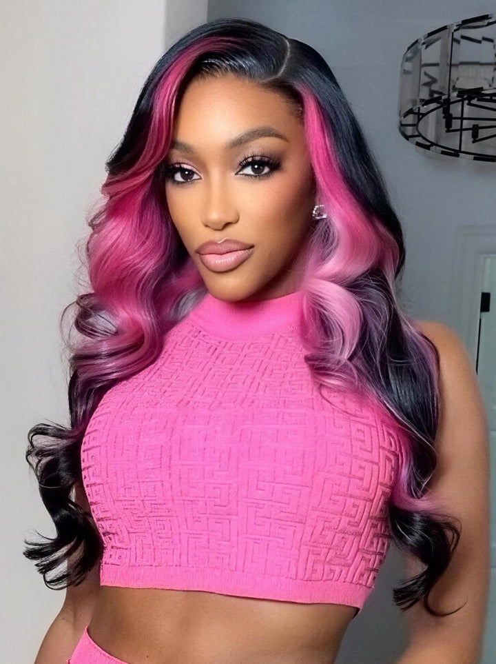 Dorsanee Black With Hot Rose Pink Skunk Stripe Streaks 13x4 Lace Front Virgin Human Hair Wig