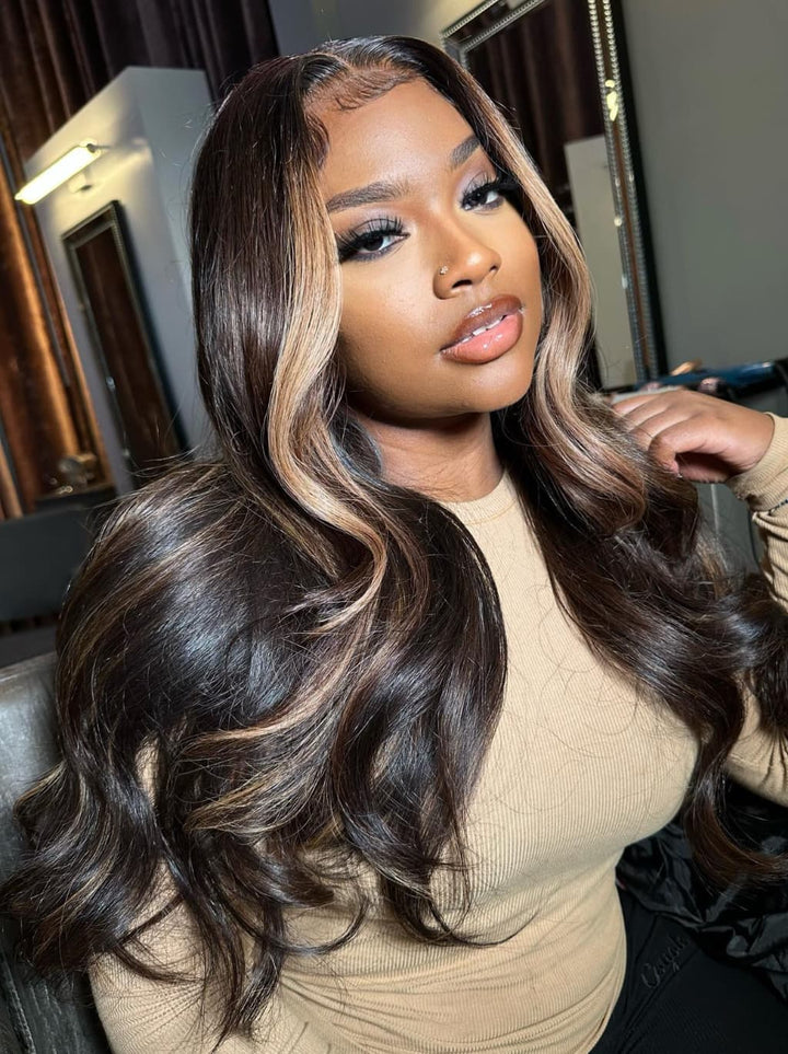 Dorsanee Black With Light Brown Skunk Stripe 13x4 Lace Front Human Hair Wigs 200 Density