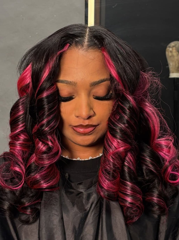 Dorsanee Black With Magenta Hot Pink Highlights 13x4 Lace Front Human Hair Wig