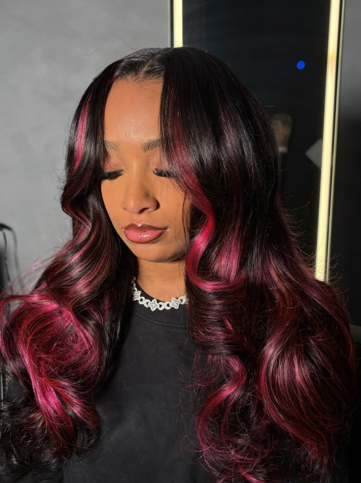 Dorsanee Black With Magenta Hot Pink Highlights 13x4 Lace Front Human Hair Wig