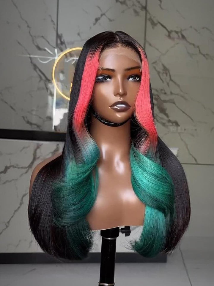Dorsanee Black With Ombre Pink Green Skunk Stripe 13x4 Lace Front Human Hair Wig