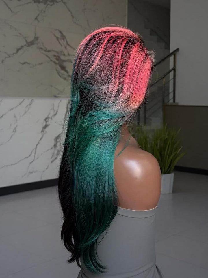 Dorsanee Black With Ombre Pink Green Skunk Stripe 13x4 Lace Front Human Hair Wig