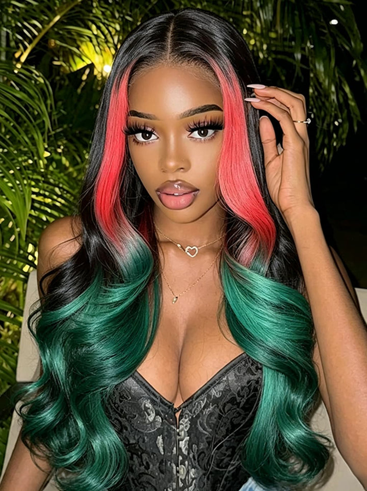 Dorsanee Black With Ombre Pink Green Skunk Stripe 13x4 Lace Front Human Hair Wig