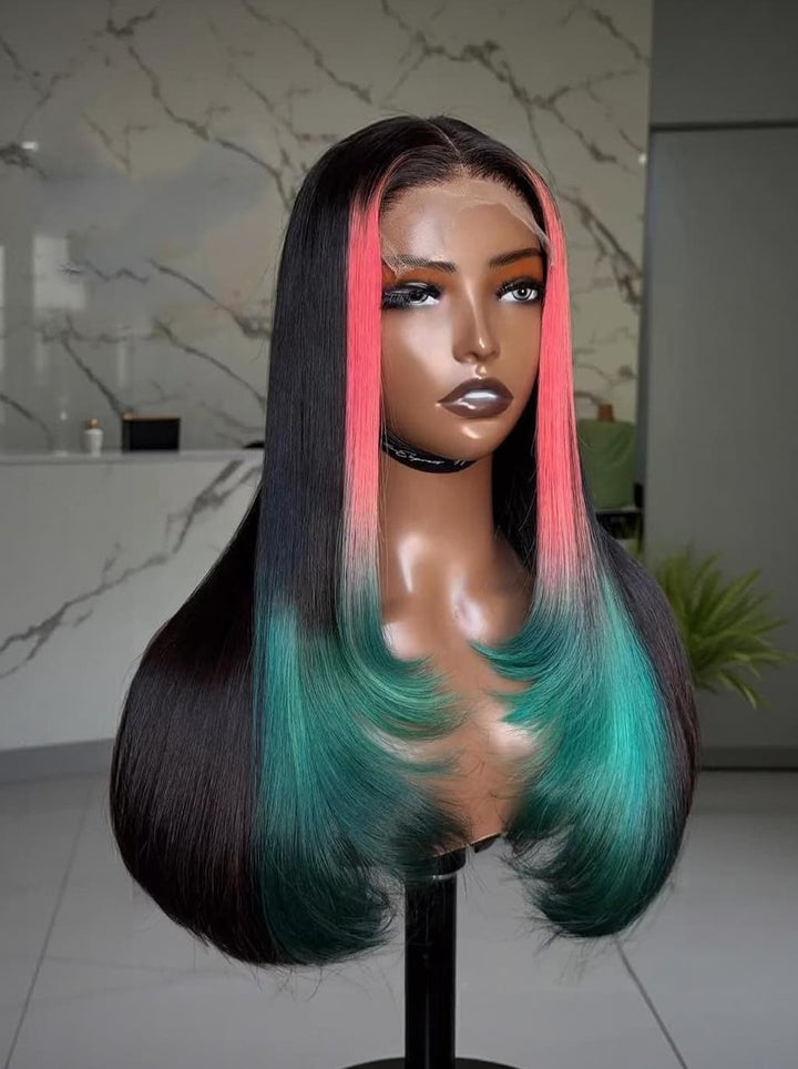 Dorsanee Black With Ombre Pink Green Skunk Stripe 13x4 Lace Front Human Hair Wig