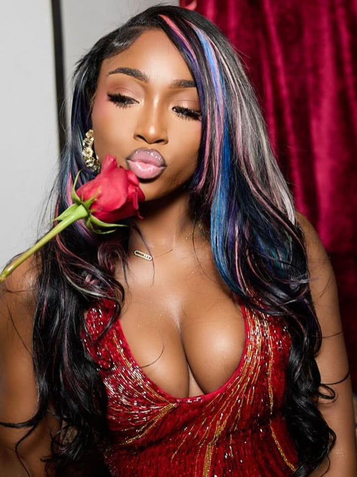 Dorsanee Black With Pink Blue Purple Highlights 13x4 Lace Front Human Hair Wigs