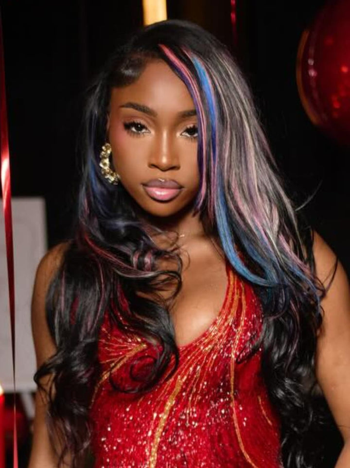 Dorsanee Black With Pink Blue Purple Highlights 13x4 Lace Front Human Hair Wigs