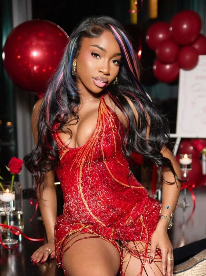 Dorsanee Black With Pink Blue Purple Highlights 13x4 Lace Front Human Hair Wigs