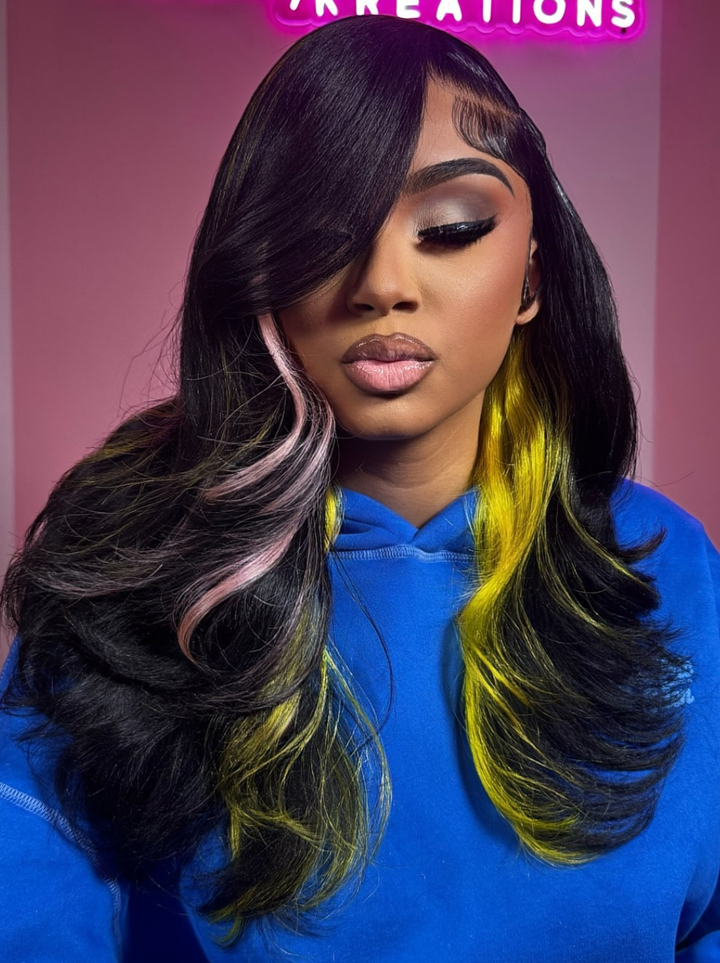 Dorsanee Black With Pink Yellow Highlights 13x4 Lace Front Virgin Human Hair Wigs