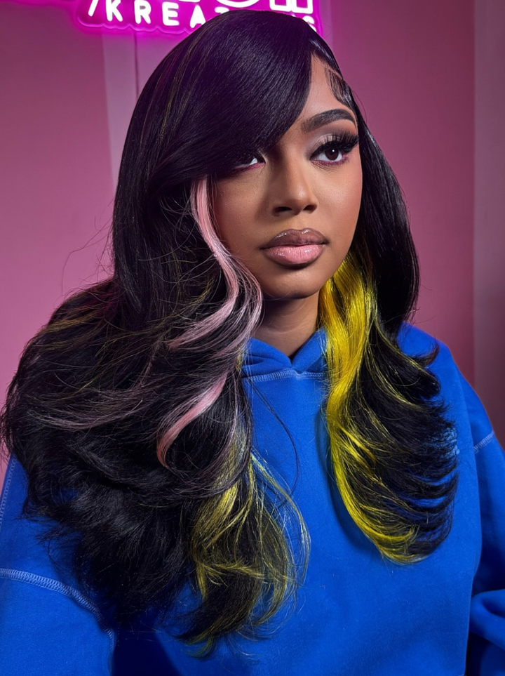 Dorsanee Black With Pink Yellow Highlights 13x4 Lace Front Virgin Human Hair Wigs