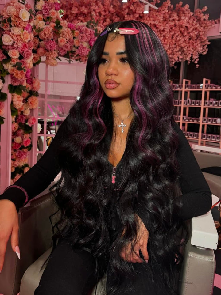 Dorsanee Black With Purple Highlights Money Piece 13x4 Lace Front Human Hair Wig