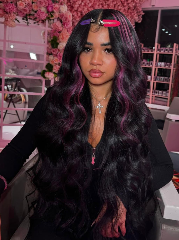 Dorsanee Black With Purple Highlights Money Piece 13x4 Lace Front Human Hair Wig