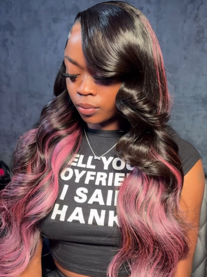 Dorsanee Black With Purple Pink Highlights 13x4 Lace Front Human Hair Wig
