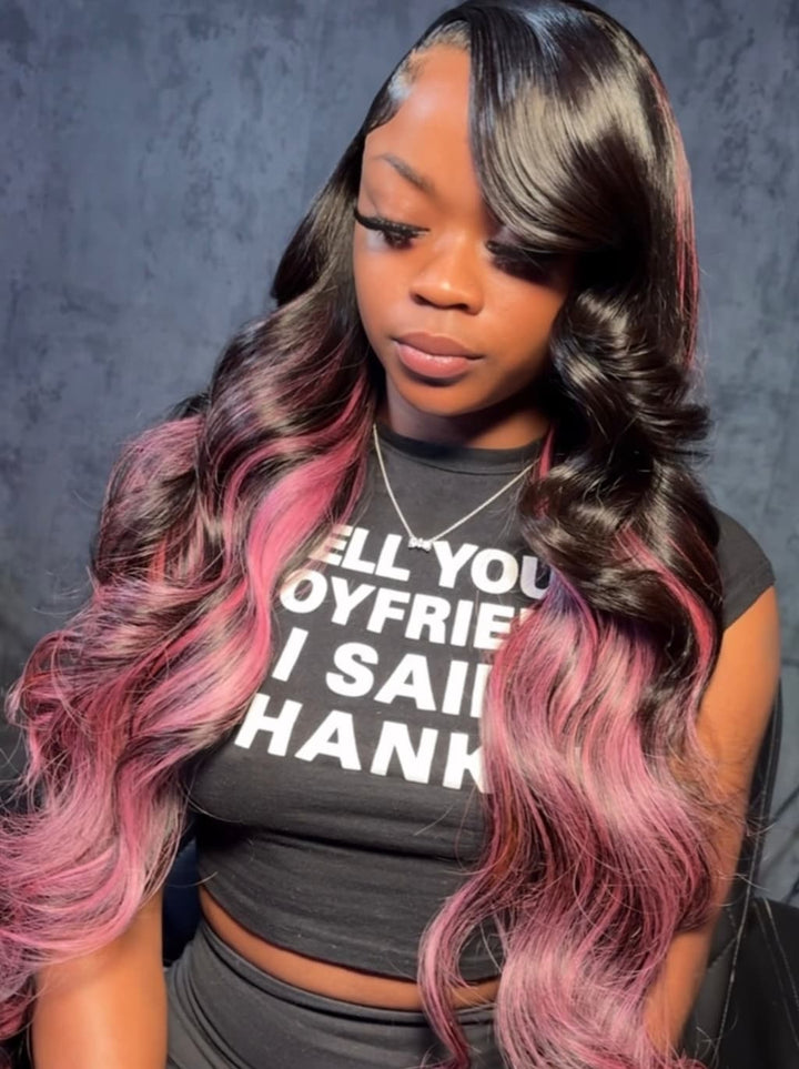Dorsanee Black With Purple Pink Highlights 13x4 Lace Front Human Hair Wig