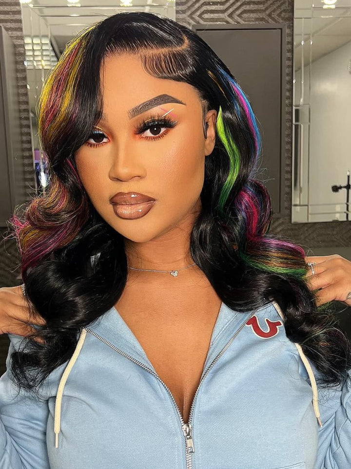 Dorsanee Black With Red Yellow Green Blue Highlights 13x4 Lace Front Human Hair Wigs