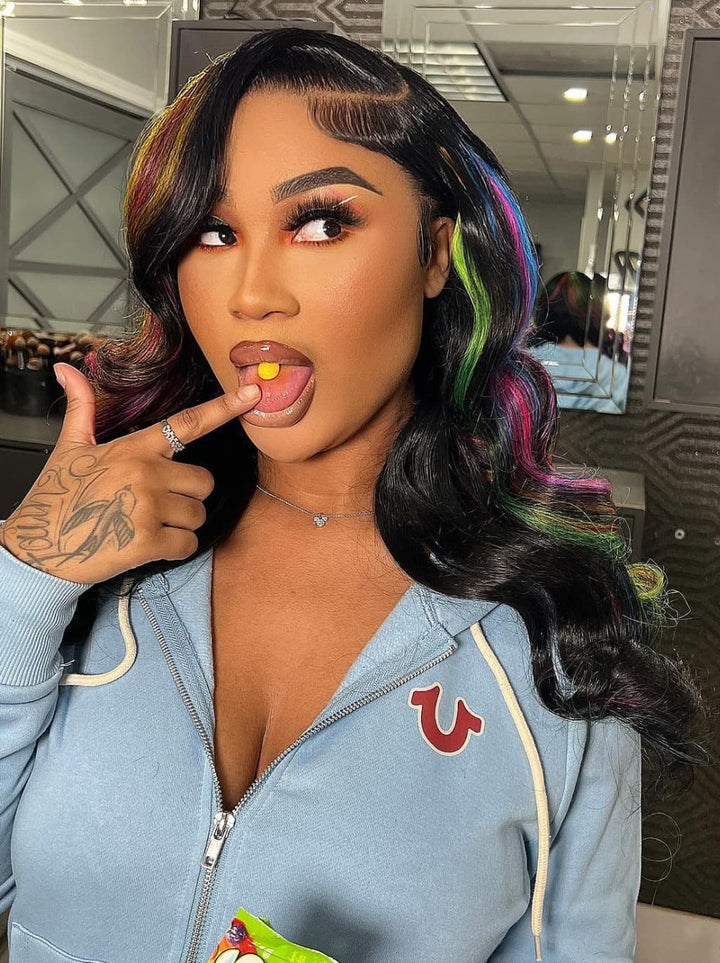 Dorsanee Black With Red Yellow Green Blue Highlights 13x4 Lace Front Human Hair Wigs