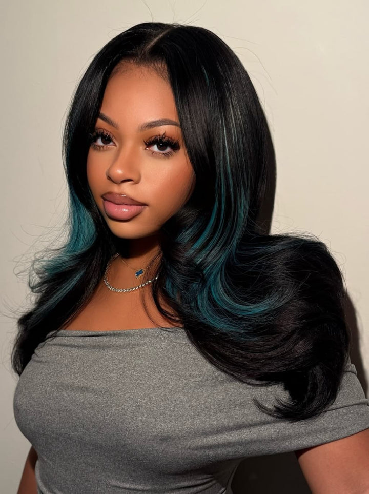 Dorsanee Black With Teal Aqua Green Highlights 13x4 Lace Front Human Hair Wig