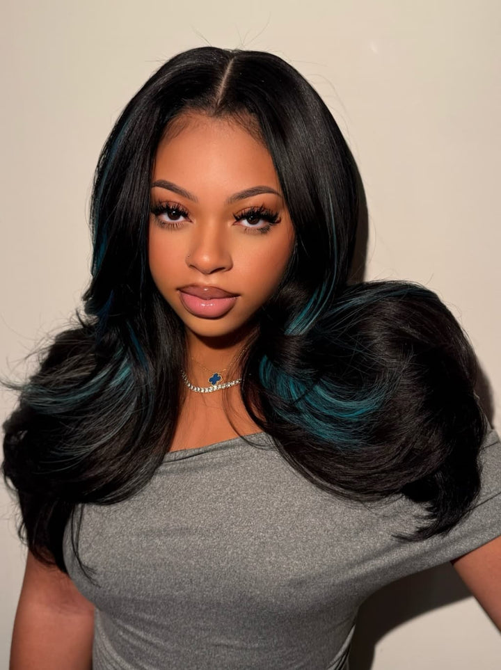 Dorsanee Black With Teal Aqua Green Highlights 13x4 Lace Front Human Hair Wig