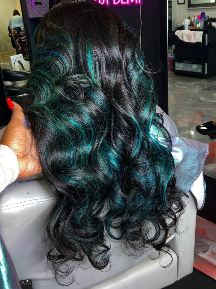 Dorsanee Black With Teal Green Highlights Money Piece 13x4 Lace Front Human Hair Wig
