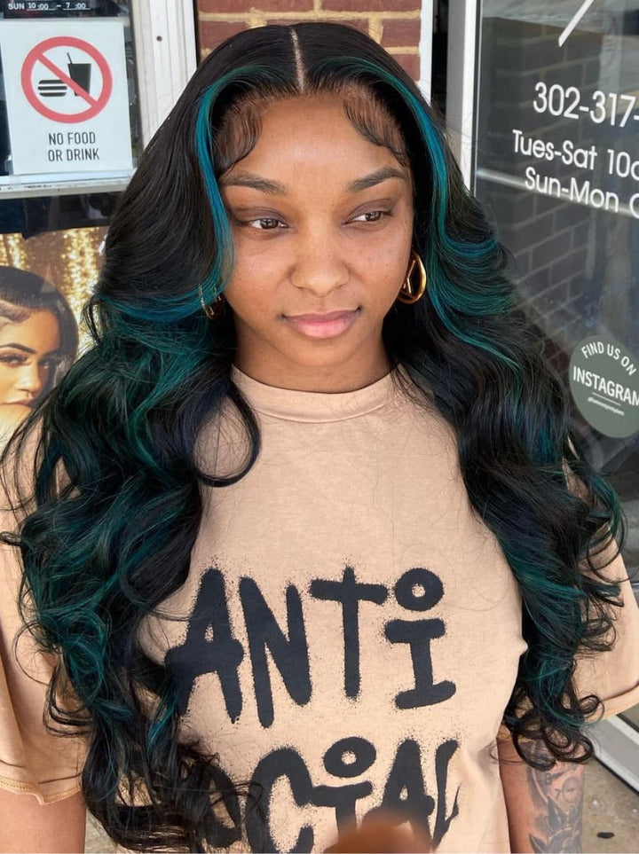 Dorsanee Black With Teal Green Highlights Money Piece 13x4 Lace Front Human Hair Wig