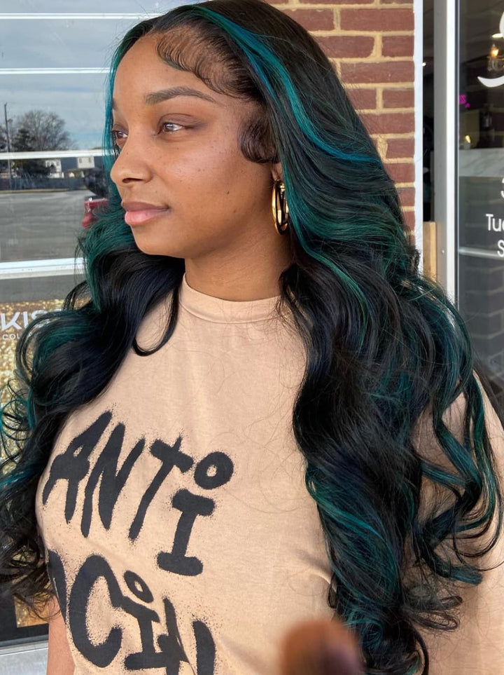 Dorsanee Black With Teal Green Highlights Money Piece 13x4 Lace Front Human Hair Wig
