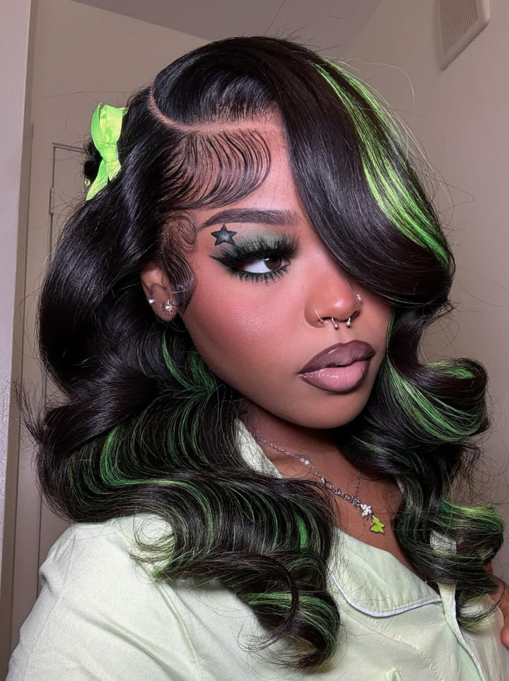 Dorsanee Black with Green Highlights Money Piece Color 13x4 Lace Front Human Hair Wig