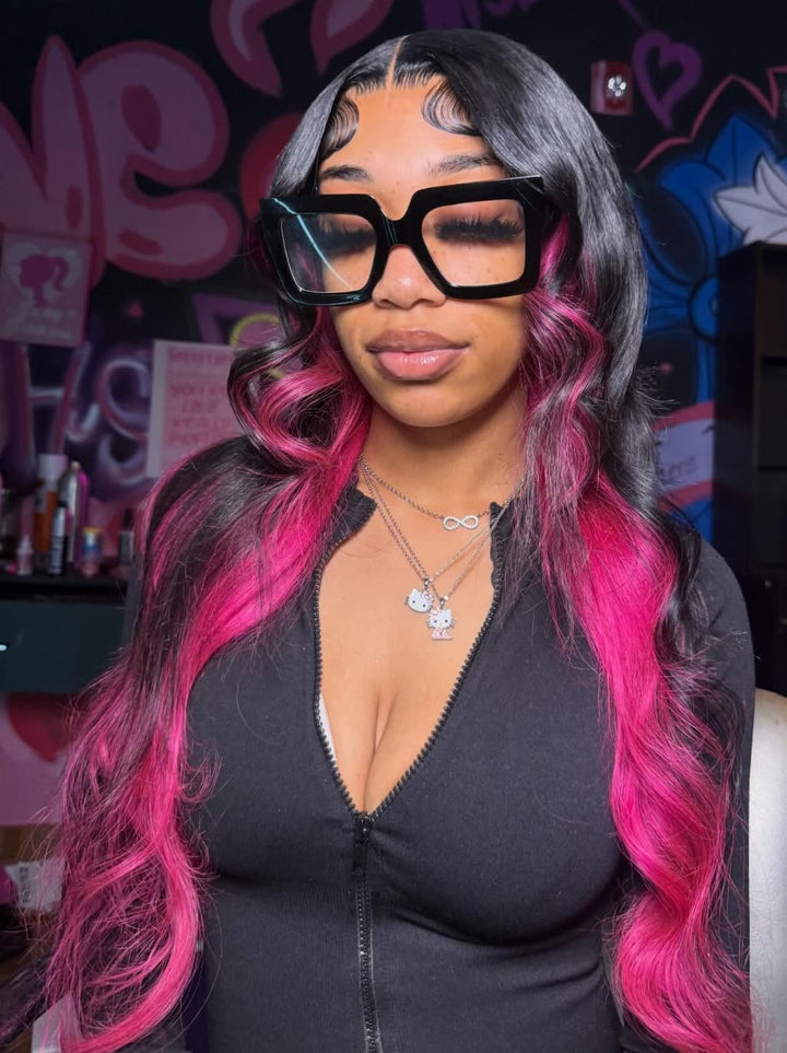 Dorsanee Black with Hot Pink Money Piece Streaks 13x4 Lace Front Human Hair Wig