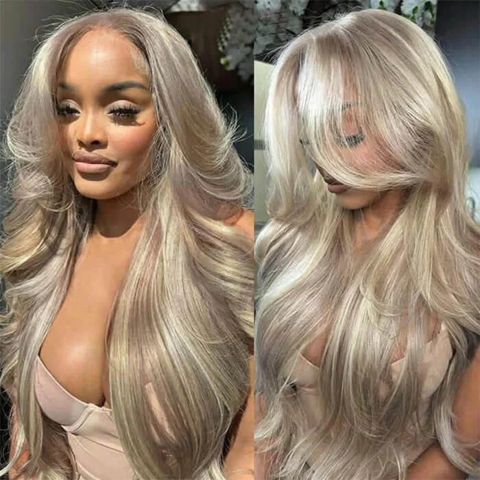 Blonde Highlight Curtain Bangs Body Wave Wigs 13x4/13x6 HD Lace Frontal Layered Human Hair Wigs