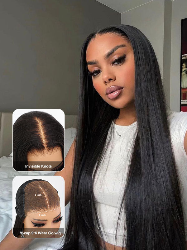 M-cap Straight Wear Go Wigs Pre Cut 9x6 HD Lace Bleached Knots Glueless Wigs Human Hair Tiny Knots Pre Plucked Hairline Transparent Lace