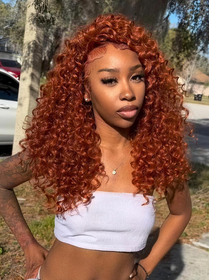 Dorsanee Bouncy Springy Coils Tight Curly Copper Reddish Orange Brown 300 Density 13x4 Lace Front Human Hair Wig