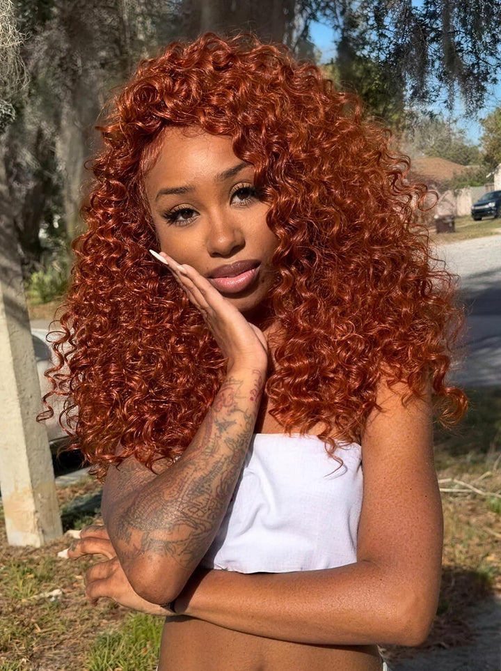 Dorsanee Bouncy Springy Coils Tight Curly Copper Reddish Orange Brown 300 Density 13x4 Lace Front Human Hair Wig