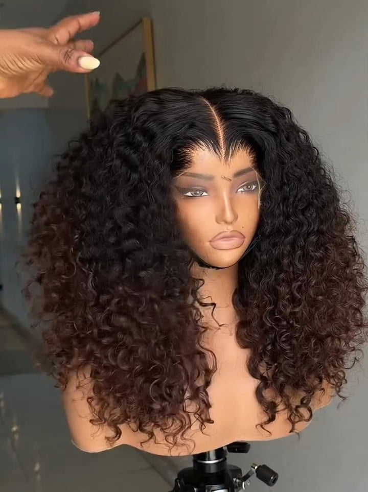 Dorsanee Bouncy Springy Coils Tight Curly Ombre Black Brown 300 Density 13x4 Lace Front Human Hair Wig