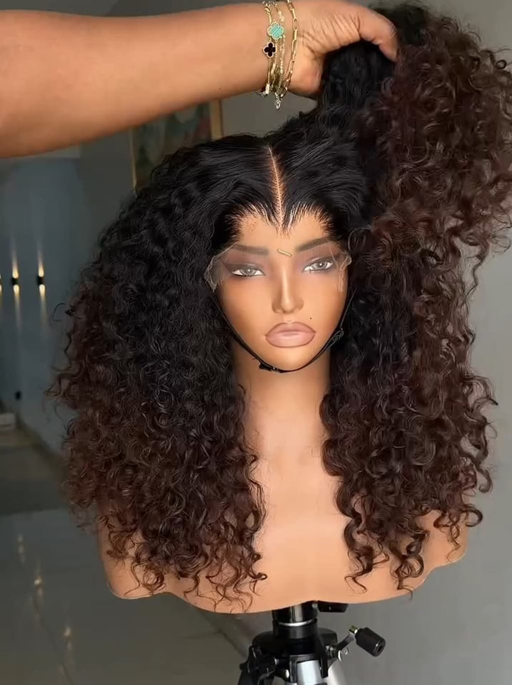 Dorsanee Bouncy Springy Coils Tight Curly Ombre Black Brown 300 Density 13x4 Lace Front Human Hair Wig