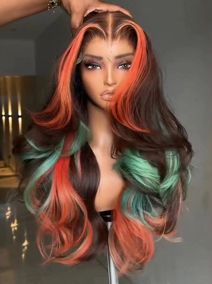Dorsanee Brown With Bold Coral Peach Orange Mint Green Highlights 13X4 Lace Front Human Hair Wigs