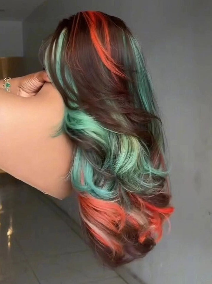 Dorsanee Brown With Bold Coral Peach Orange Mint Green Highlights 13X4 Lace Front Human Hair Wigs