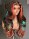 Dorsanee Brown With Bold Coral Peach Orange Mint Green Highlights 13X4 Lace Front Human Hair Wigs