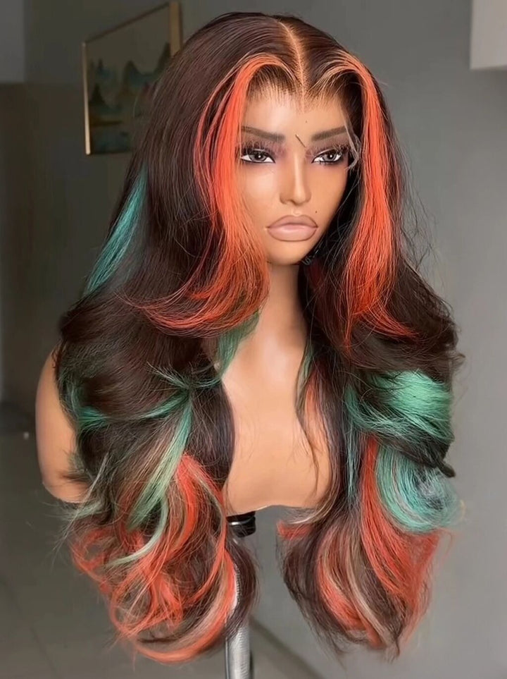 Dorsanee Brown With Bold Coral Peach Orange Mint Green Highlights 13X4 Lace Front Human Hair Wigs