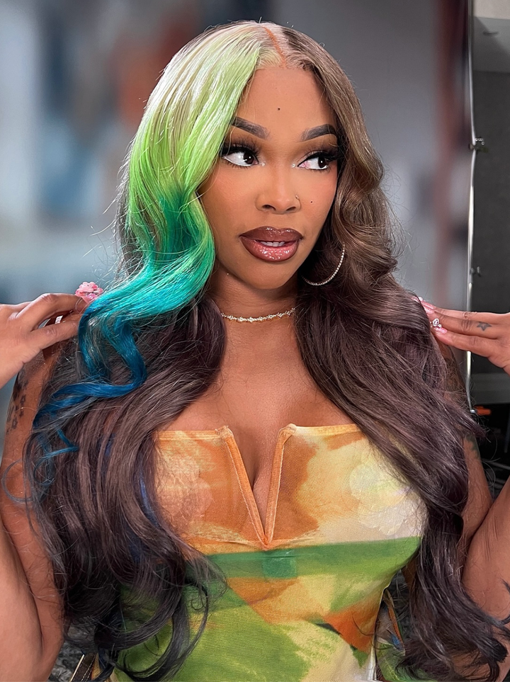 Dorsanee Brown With Ombre Blonde Green Blue Streaks 13x4 Lace Front  Remy Human Hair Wigs