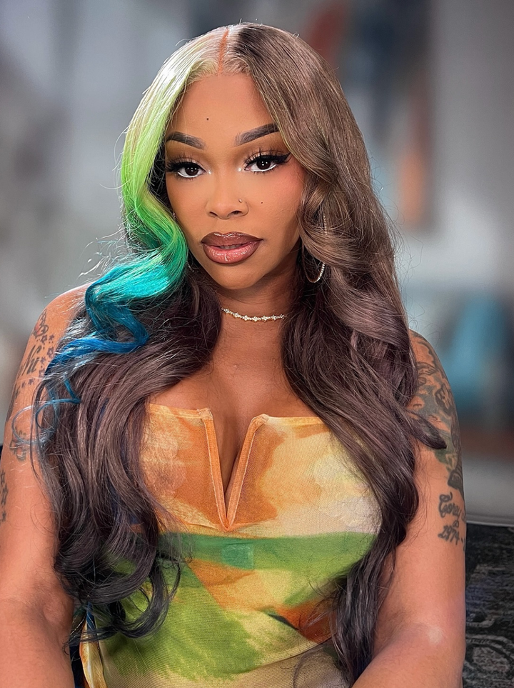 Dorsanee Brown With Ombre Blonde Green Blue Streaks 13x4 Lace Front  Remy Human Hair Wigs