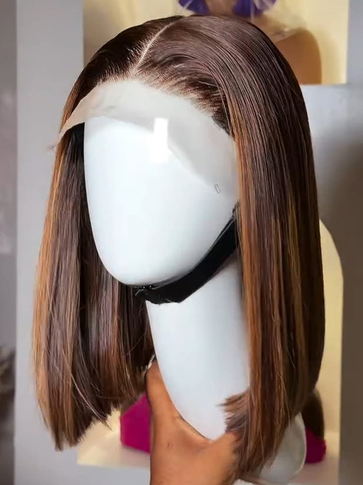 Dorsanee Brown with Caramel Highlights Short Bob Elegant 13x4 Lace Frontal Human Hair Wigs