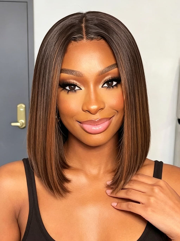 Dorsanee Brown with Caramel Highlights Short Bob Elegant 13x4 Lace Frontal Human Hair Wigs
