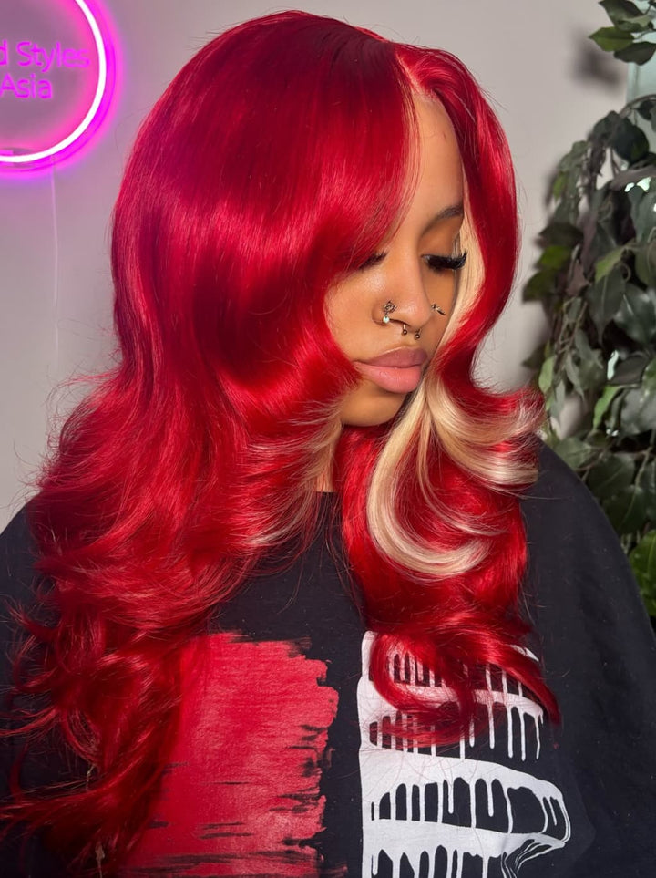 Dorsanee Burgundy Hot Red With Blonde Highlights 13x4 Lace Front Human Hair Wigs 200 Density